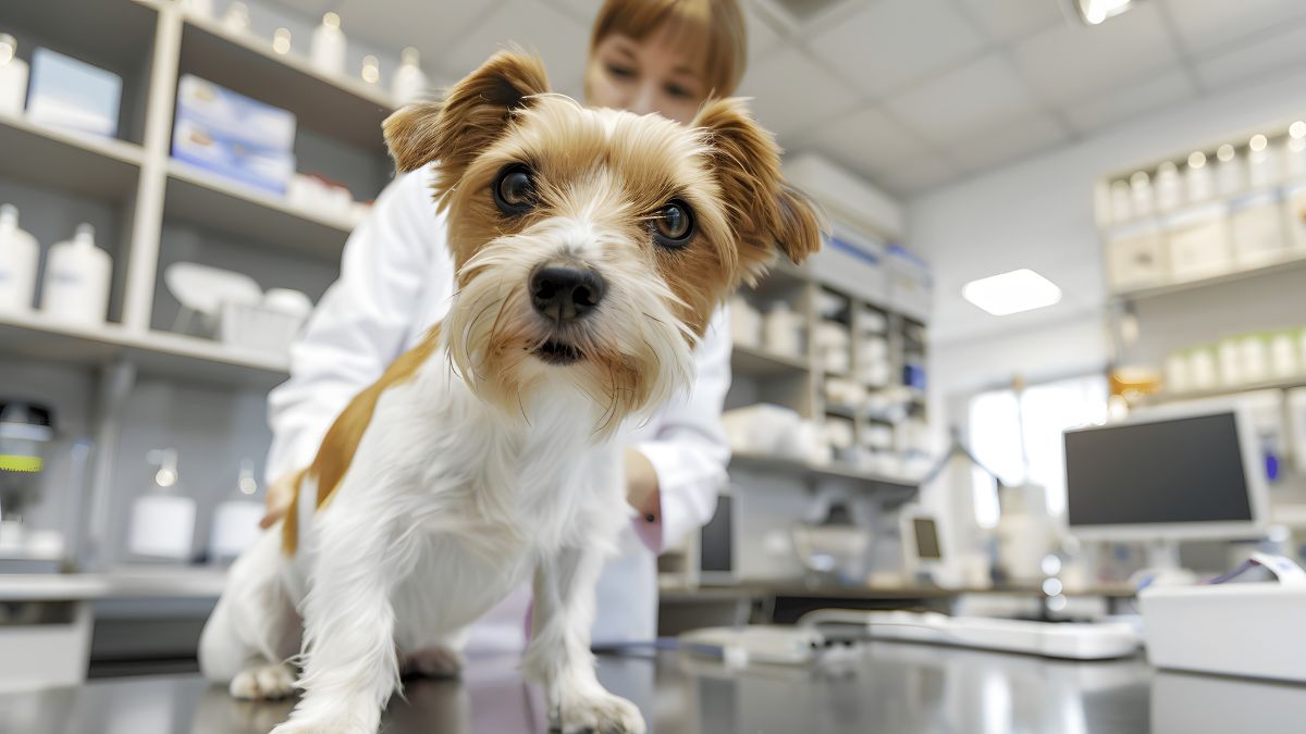 Small dog on an exam table Small dog on an exam table